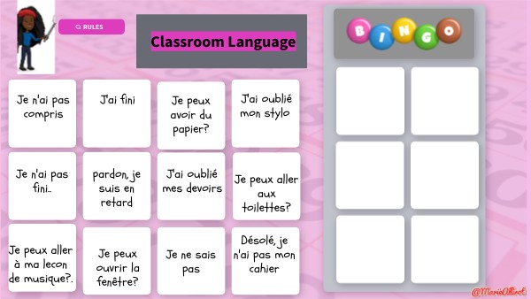 Bingo classroom language | Genially