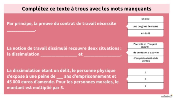 Texte à trous (La preuve du contrat et le travail dissimulé))