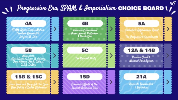 MATHEW Progressive Era, SPAM, & Imperialism Choice Board | Genially