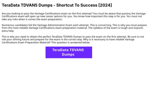 TeraData TDVAN5 Dumps Shortcut To Success 2024 TeraData TDVAN5 Dumps Shortcut To Success 2024