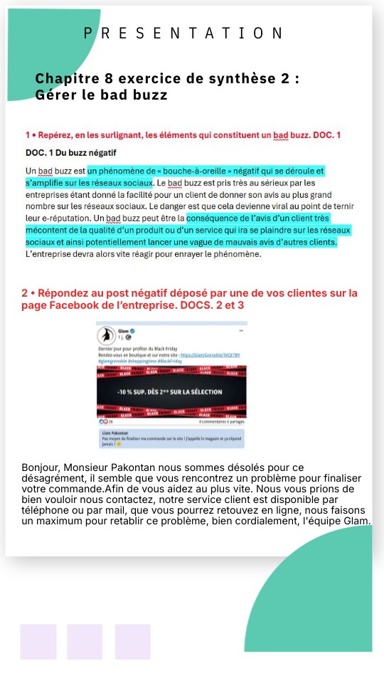 Chapitre 8 exercice de synthèse 2 : Gérer le bad buzz | Genially