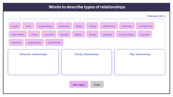 Words to describe types of relationships_PDU 7 vocabulary Unit 3 | Genially