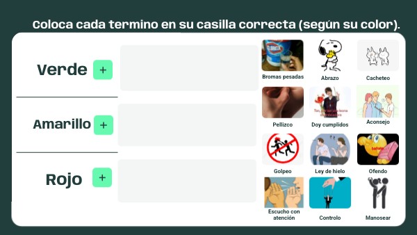 Coloca cada termino en su casilla correcta (según su color). | Genially